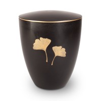 Urne Genesis Gravur Ginkgoblatt Schwarz mit Dekorring Gold