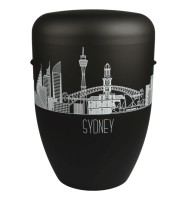 Urne  Banderole  Sydney Stadtbanderole von Sydney in weiß auf schwarz matt

Kordel schwarz
Hochwertige Schmuckurne