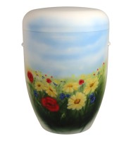 Urne  Blumenwiese Blumenwiese mit gelben Margeriten Mohnblumen und Kornblumen

Urnenform B
Grundfarbe weiß matt
Kordel weiß
Hochwertige Schmuckurne airbrush handgemalt