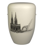 Urne  Kölner Dom mit Hohenzollernbrücke Kölner Dom links Hohenzollernbrücke rechts als Bleistiftzeichnung
Urnenform B
Grundfarbe elfenbein matt
Kordel elfenbein
Hochwertige Schmuckurne airbrush handgemalt